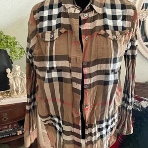 Burberry Tan Black White Plaid Button Down Shirt